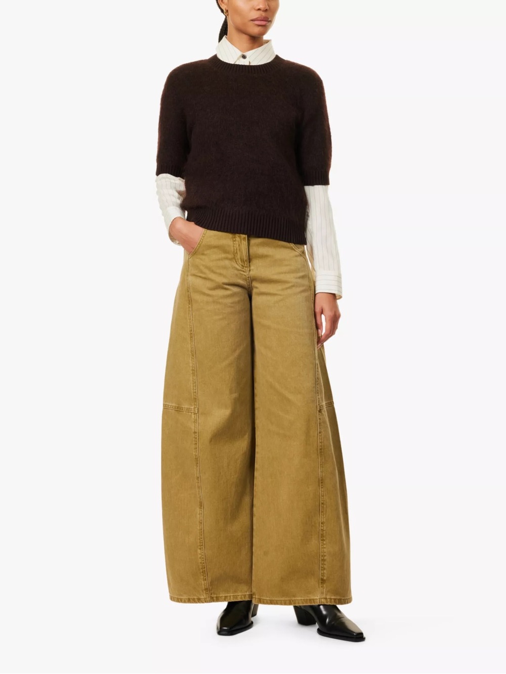 New ME + EM Engineered Paneled Wide Leg Organic Cotton Jeans Bronzed Green NWT